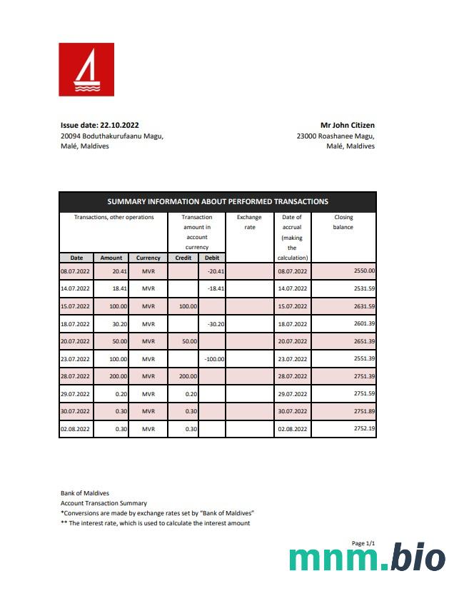 Maldives Bank of Maldives wzór wyciągu bankowego w formacie Word i PDF format